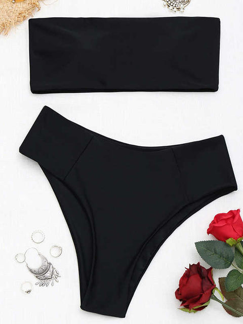 Women Tube Swimwear Suit Bandeau Bikini Set High Waisted Swimsuit