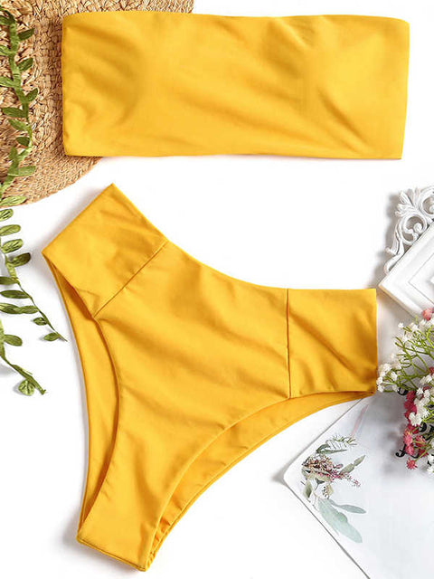 Women Tube Swimwear Suit Bandeau Bikini Set High Waisted Swimsuit