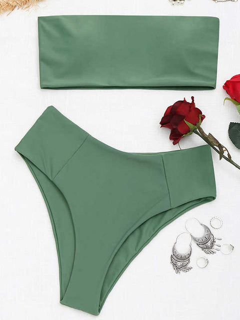 Women Tube Swimwear Suit Bandeau Bikini Set High Waisted Swimsuit