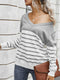 Women’s Long Sleeve Striped Tee Shirt Color Block Knitted Sweater